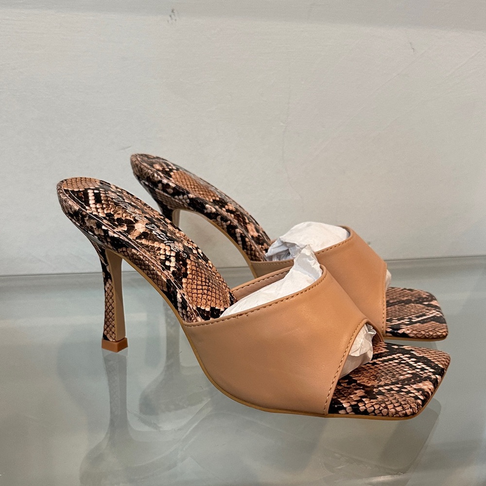 Public Desire Tan and Snake Print Square Toe Heels